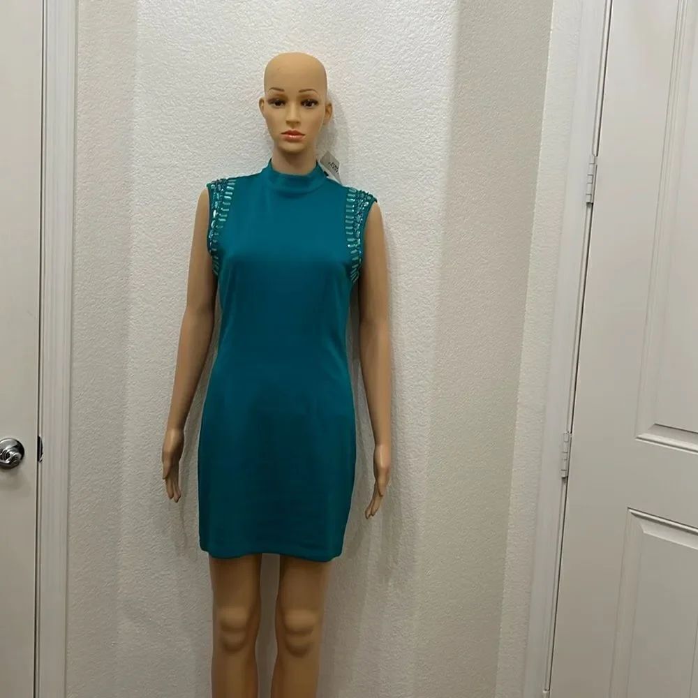 Forever Twentyone Women’s Dress Medium Turtleneck Teal Mini Embellished Zipper